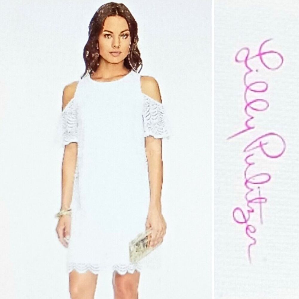 Lilly Pulitzer Somerset Shift Resort White Eyelet Open Shoulder Drop Sleeve Sz M